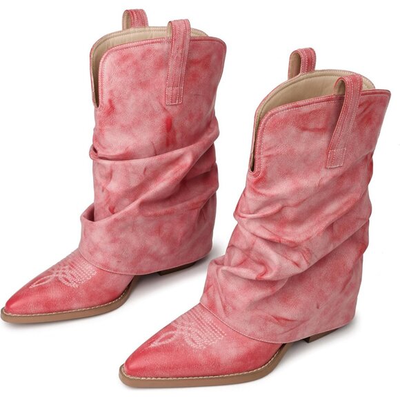 Women's Pink Leather Vintage Retro Mid Calf Chunky Heels Western Cowgirl Boots - Picture 7 of 8